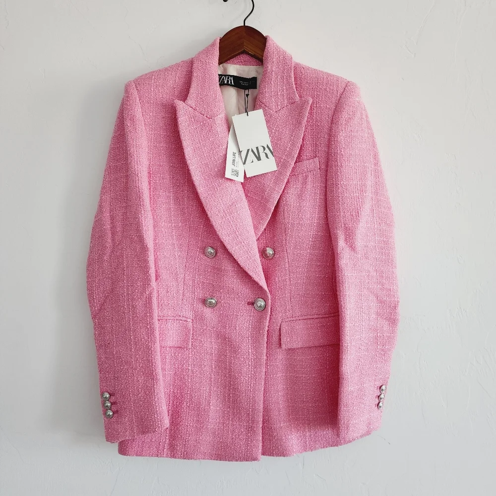 Zara Pink Double Breasted Textured Blazer Jacket  Size XS - Picture 8 of 14